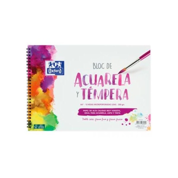 Oxford bloc pintura acuarela y témpera 10h 300gr espiral a4+ liso blanco
