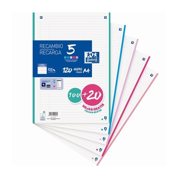Oxford recambio classic 100h + 20h gratis a4 sueltas 90gr 1 línea 4 taladros 5 bandas colores pastel