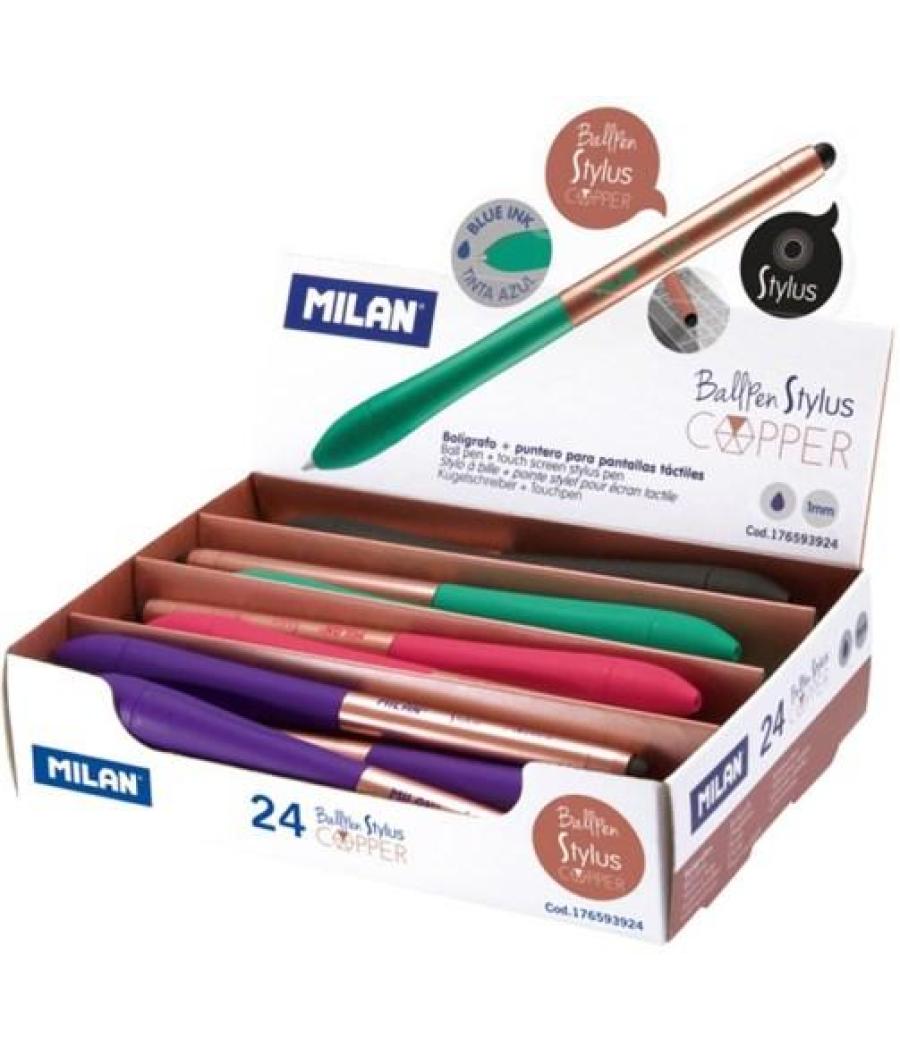 Milan bolígrafo stylus copper con puntero azul 4 colores surtidos expositor -24u-