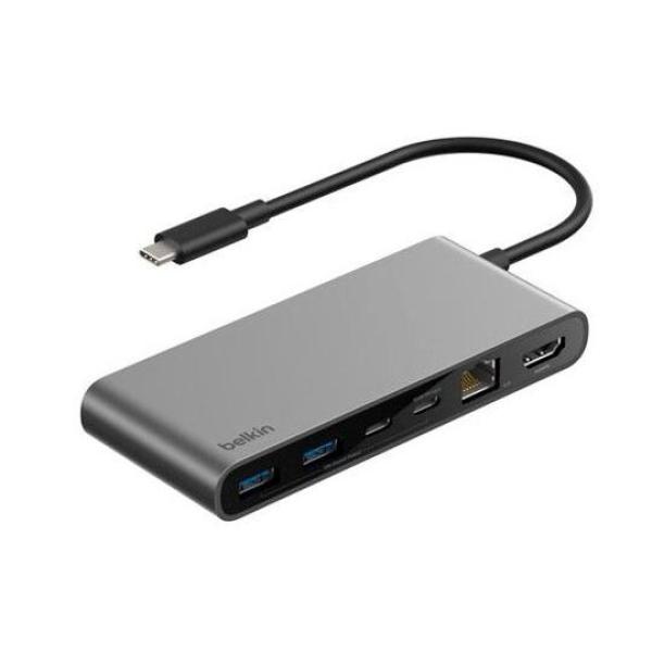 Belkin adaptador usb-c 8 en 1 ethernet, 2xusb-c, 2xusb-a, hdmi, sd, 1xmicrosd gris