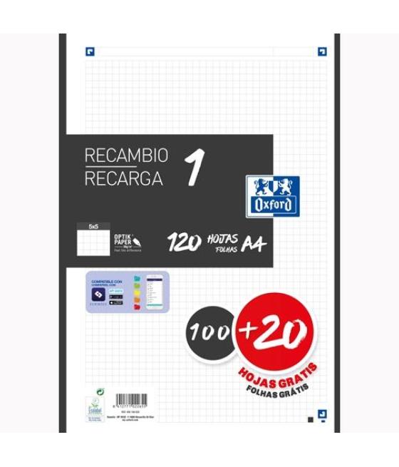 Oxford recambio classic 120 hojas a4 sueltas 90gr 5x5mm 4 taladros 1 banda color negro