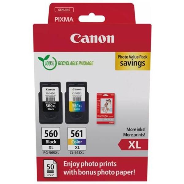 Canon tinta ecopack bk+ c/m/y + 50h papel fotográfico 10x15 para pixma ts 5350/5351/5352/5353/7450 - pg 560xl + cl 561xl