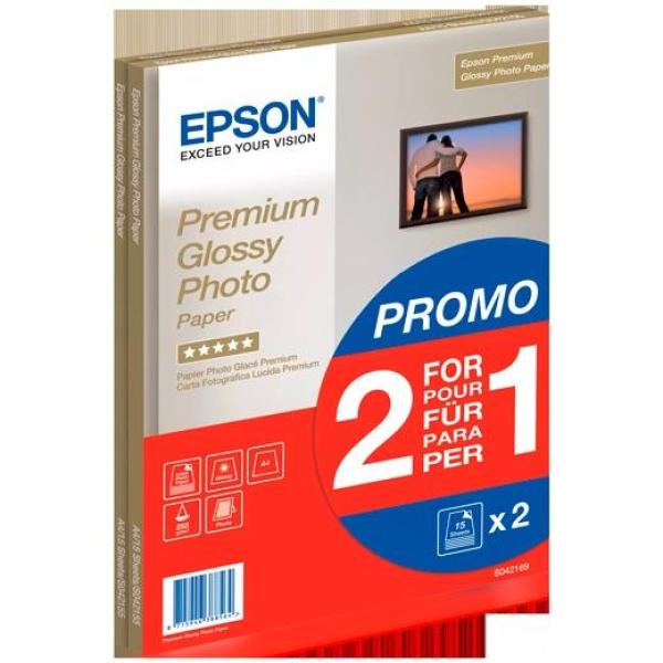 Epson papel premium glossy photo a4 255gr paquete 15h promoción 2x1 blanco brillo