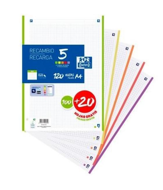 Oxford recambio classic 100+20h gratis a4 sueltas 90gr 4x4mm 4 taladros 5 bandas colores vivos