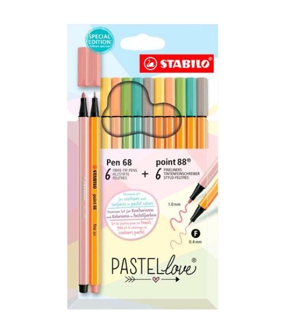Stabilo rotuladores pen 68 y point 88 pastellove c/surtidos pastel estuche 12 ud