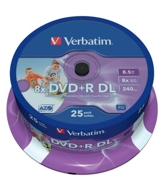 Verbatim dvd+r doble capa, 8.5gb, 8x, 25 pack spindle, superficie matt inkjet printable (21 118mm)