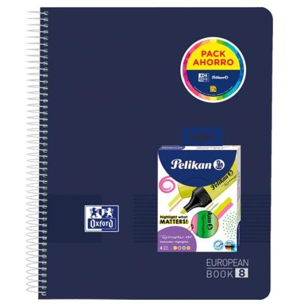 Oxford pack cuaderno europeanbook 8 live&go a4+ 160h 5x5 tapa plástico + 4 resaltadores neón surtidos