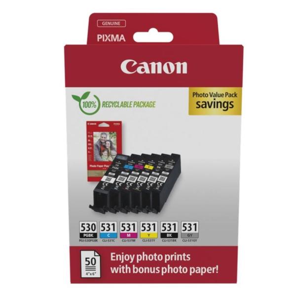 Canon tinta ecopack bk/pgbk/c/m/y/gy + 50h papel fotografico 10x15 - pgi 530+cli 531 (pack 6 colores)