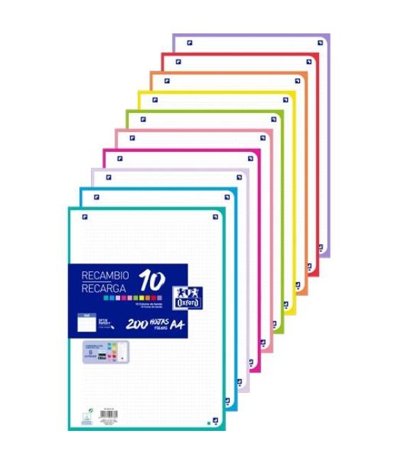Oxford recambio paquete 200 hojas sueltas 4 taladros a4 5x5 10 colores