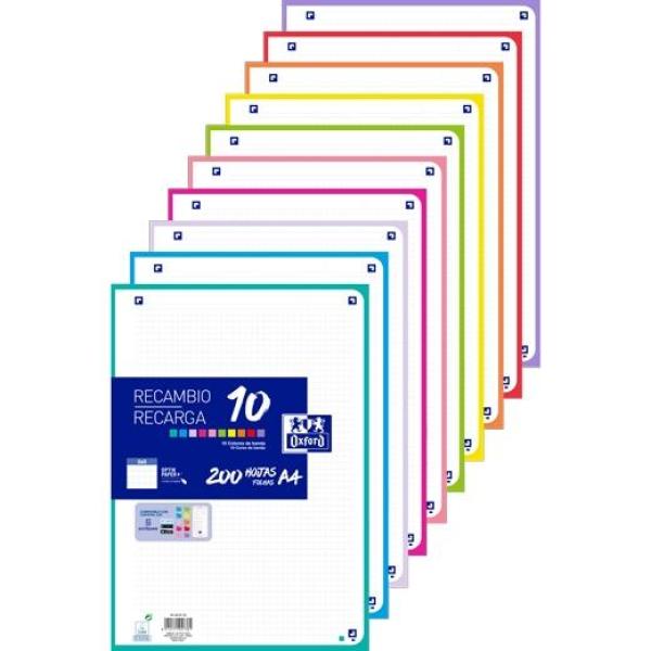 Oxford recambio paquete 200 hojas sueltas 4 taladros a4 5x5 10 colores
