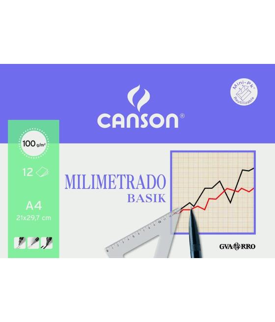 Canson minipack dibujo basik 12 hojas milimetrado 100 gr. 21x29,7cm unitario