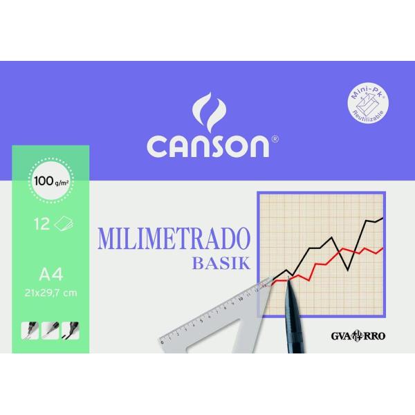 Canson minipack dibujo basik 12 hojas milimetrado 100 gr. 21x29,7cm unitario
