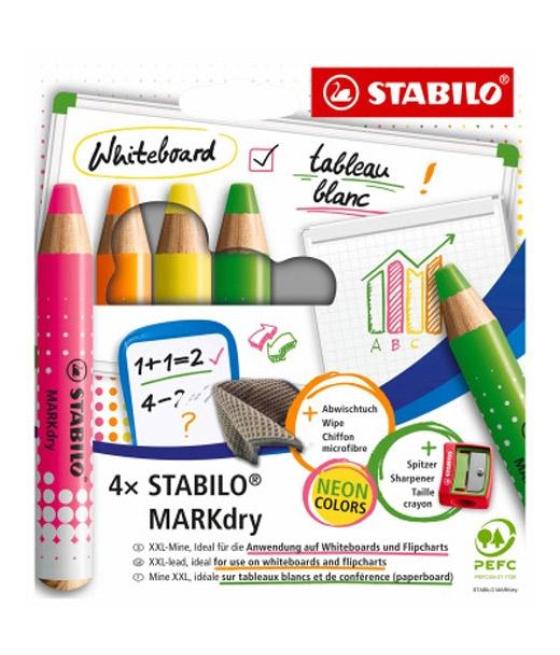 Stabilo marcador en seco markdry neon para pizarra blanca y de papel c/surtidos estuche 4 ud