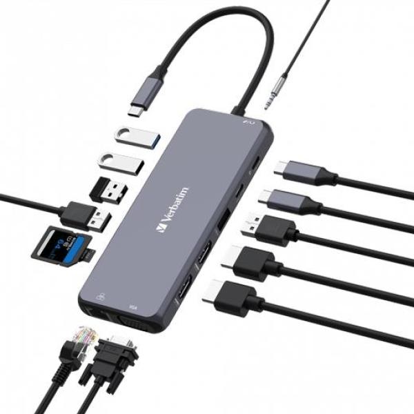 Verbatim hub pro usb-c a 2xhdmi/1xvga/1xrj45/3xusb-a 3.2/1xusb-c 3.2/2xusb-a 2.0/11xsd/1xmicrosd,1x jack 3.5/1xusb-c pd plata