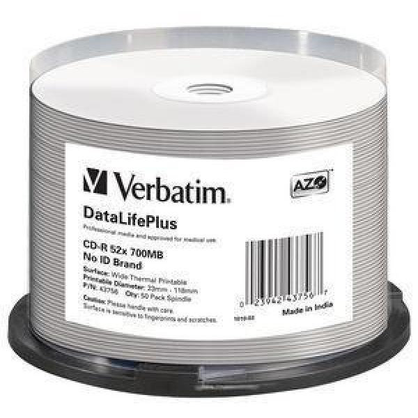 Verbatim cd-r, 700mb, 52x, datalifeplus wide thermal professional 50 pack spindle - no id brand (print area: 23-118mm)