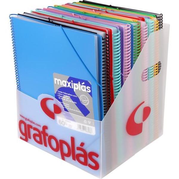 Grafoplás carpeta con fundas maxiplás surtidas espiral a4 c/sobre pp rígido opaco c/surtidos expositor 16 ud