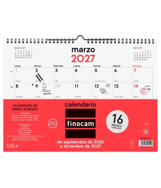 Finocam calendario de pared 16 meses para escribir l-340x240mm mv neutro 2026-2027