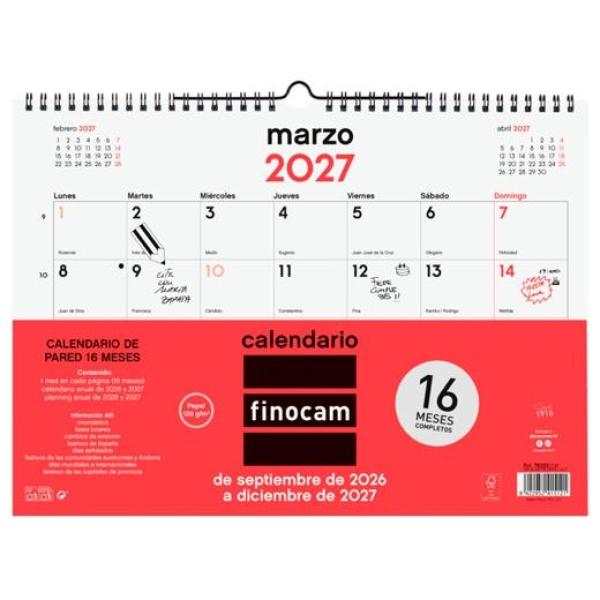 Finocam calendario de pared 16 meses para escribir l-340x240mm mv neutro 2026-2027