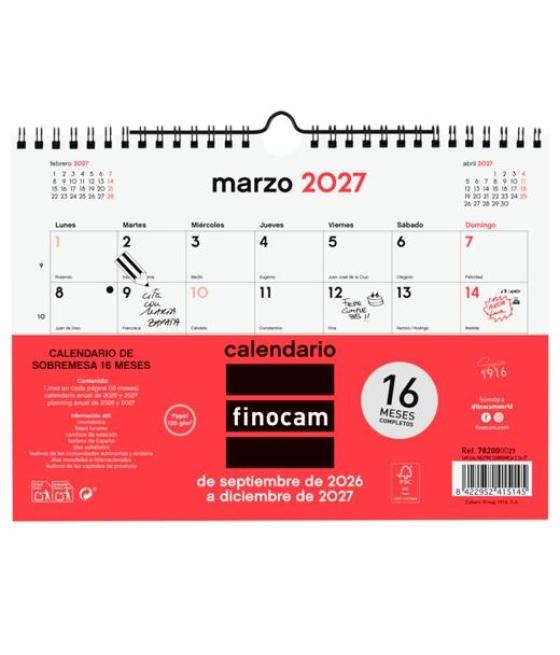 Finocam calendario de pared 16 meses para escribir s-210x150mm mv neutro 2026-2027