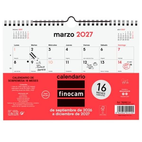 Finocam calendario de pared 16 meses para escribir s-210x150mm mv neutro 2026-2027