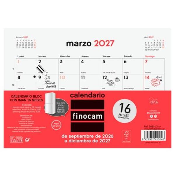Finocam calendario bloc con imán 16 meses para escribir s-210x150mm neutro 2026-2027