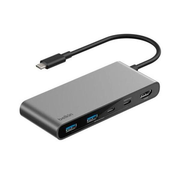 Belkin adaptador usb-c 7 en 1, 2xusb-c pd 100w,2xusb-a, hdmi,lector sd, micro sd, gris espacial