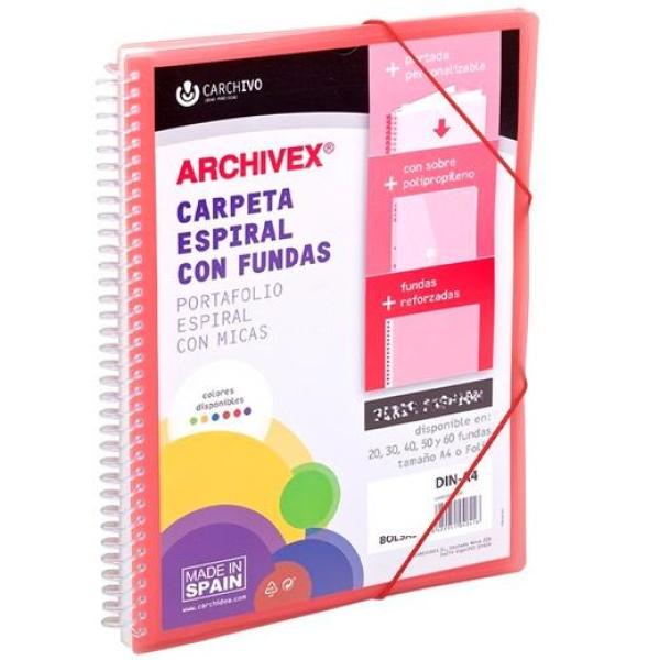 Carchivo carpeta con fundas 30 archivex star espiral a4 c/gomas sobre c/solapa personalizable rojo