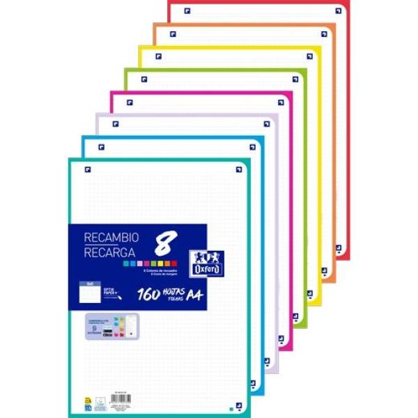 Oxford recambio paquete 160 hojas sueltas 4 taladros a4 5x5 8 colores