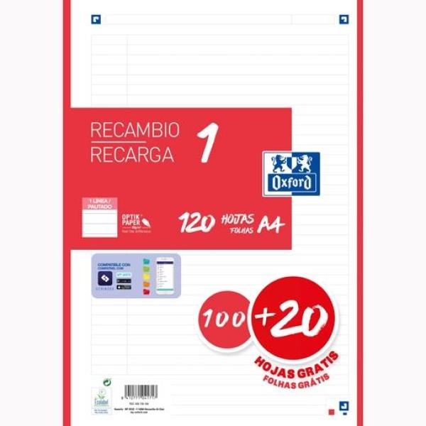 Oxford recambio classic 120 hojas a4 sueltas 90gr 1 línea 4 taladros 1 banda color rojo