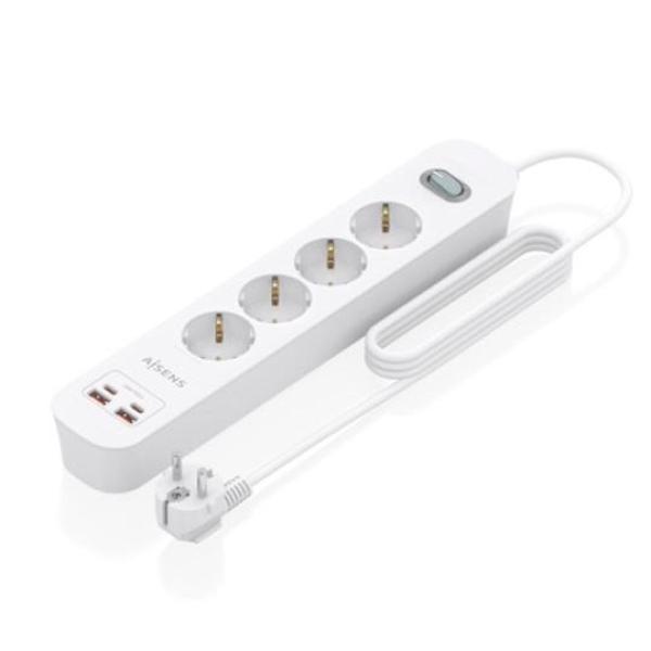 Aisens regleta de 4 tomas + 2 puertos usb-a + 2 puertos usb-c botón de apagado y encendido 1,4 metros blanco