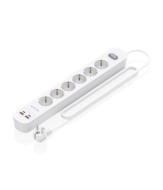 Aisens regleta de 6 tomas + 2 puertos usb-a + 2 puertos usb-c botón de apagado y encendido 1,4 metros blanco