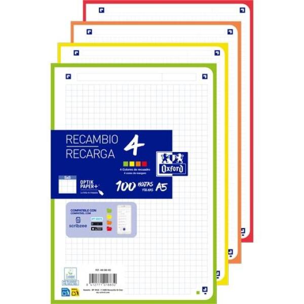 Oxford recambio paquete 100 hojas sueltas 6 taladros a5 5x5 4 colores vivos