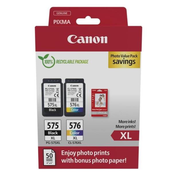 Canon tinta ecopack bk+ c / m / y + 50h papel fotográfico 10x15 para pixma tr 4750i/4751i/4755i - ts 3550i/3551i - pg 575xl + cl